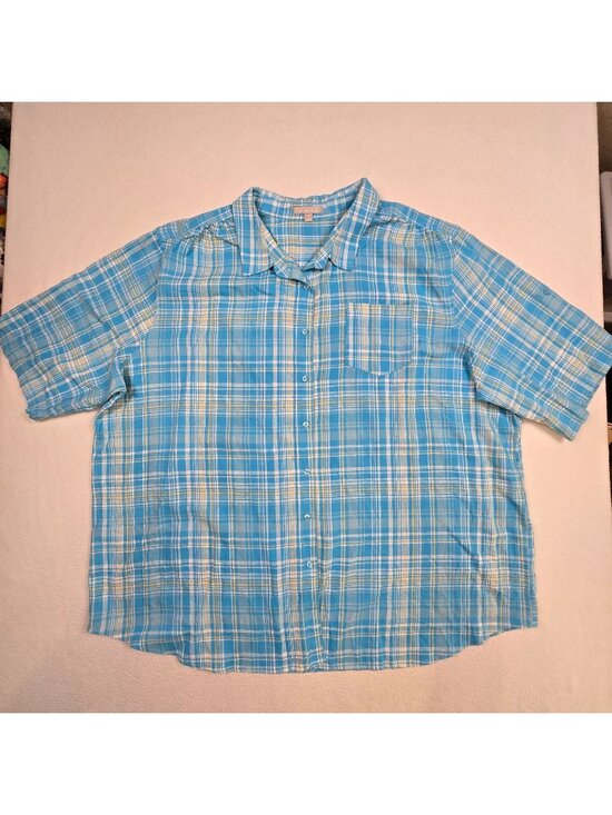 Woman Within Tops - Woman Within 3X Womens Short Sleeve Plaid Button-Down Shirt Blue Linen Blend